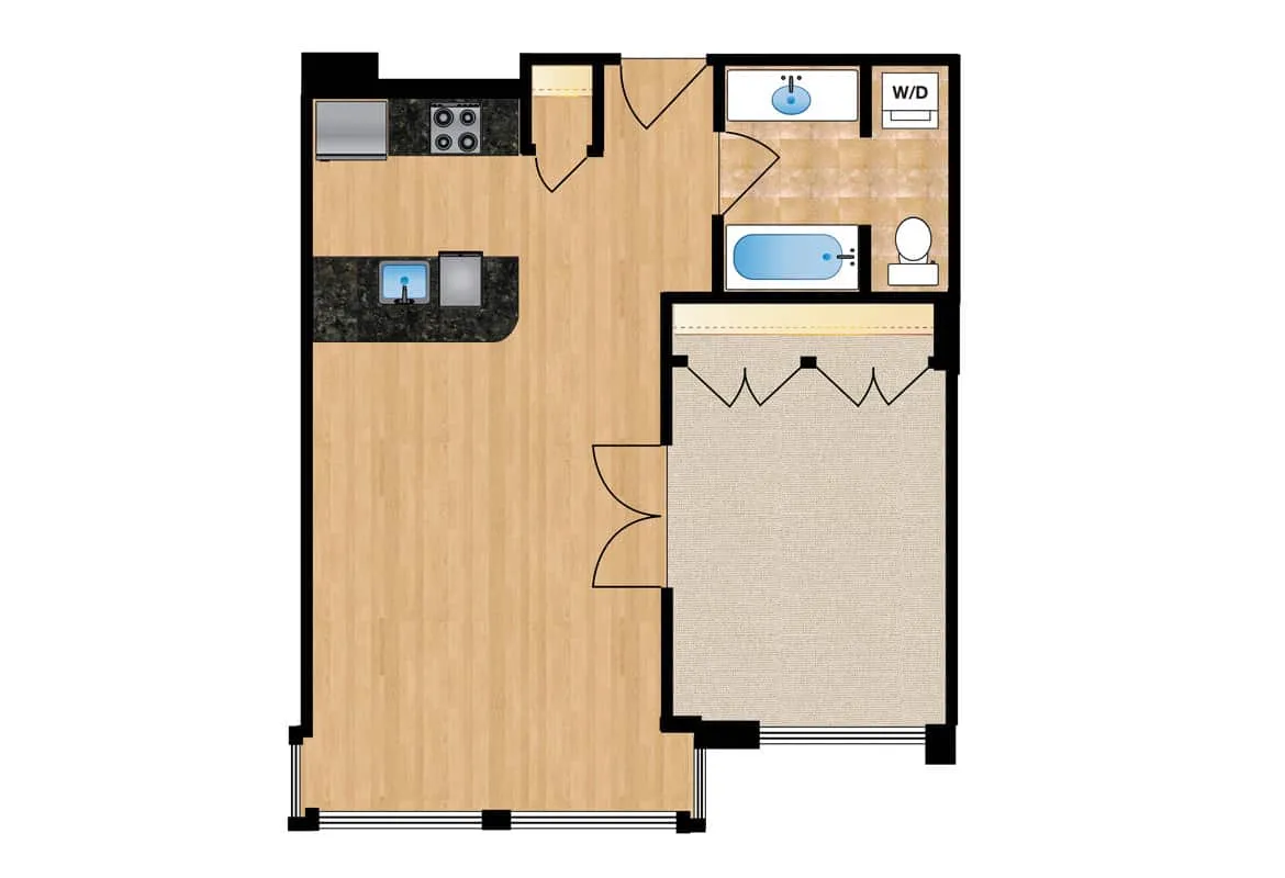 One Bedroom — Units 104-204 floor plan