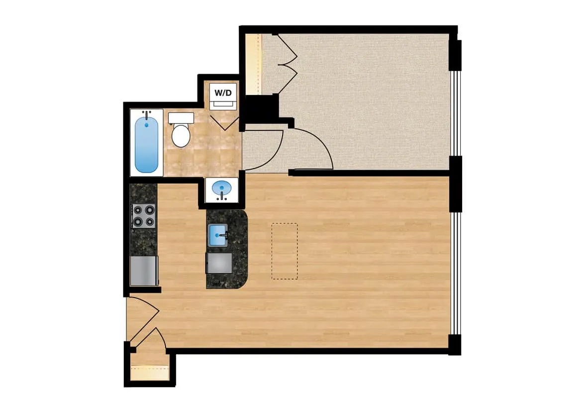 One Bedroom — Units 107-407 floor plan