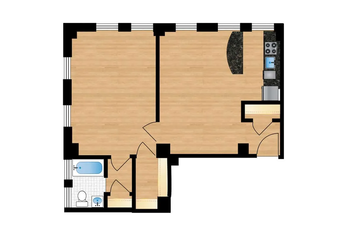 One Bedroom — Units W102-W802 floor plan